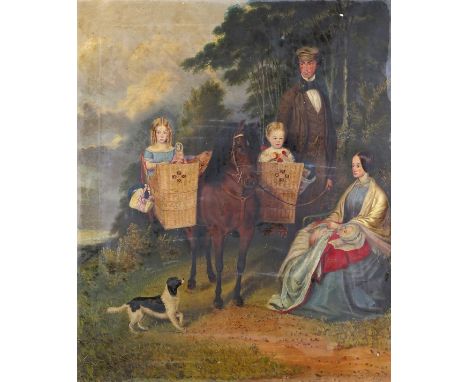 W. J. Bowden (19th Century) Family portrait with children in panniers in a coastal landscape Signed and dated 1853 Oil on can