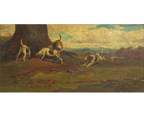 A. P. (19th Century) Gone to ground Signed with initials Oil on panel 7 x 14.5cm; 2¾ x 5¾in ++Some surface dirt, good conditi