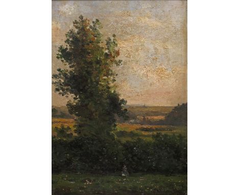 Henri Marcette (Belgian 1824-1890) Figure in a summer landscape Signed and dated 1869 Oil on panel 13.5 x 9.5cm; 5¼ x 3¼in ++
