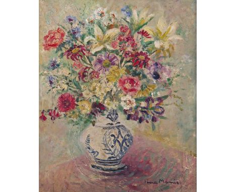 ‡ Lina Monier (19/20th Century) Still life of summer flowers in a vase Signed Oil on panel 61 x 51cm; 24 x 20in ++A nail hole