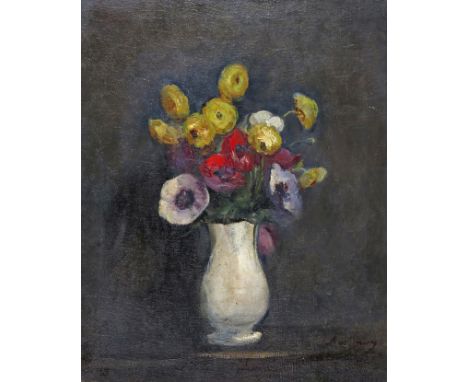 Alexandre Auffray (French 1869-1942) Still life of ranunculus and anemones in a white vase Signed Oil on canvas 56 x 45cm; 22