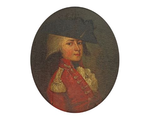 English School 18th Century An officer, head and shoulders in red uniform Oil on panel, oval 170 x 140mm