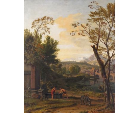 Jean Francisque Millet the Younger (French 1666-1723) Figures pausing for water in an Italianate landscape Signed Oil on canv