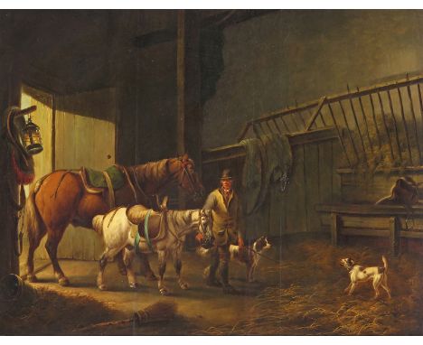 Circle of Thomas Weaver The interior of a stable with a groom tending horses Oil on panel 50 x 85cm; 19½ x 33½in