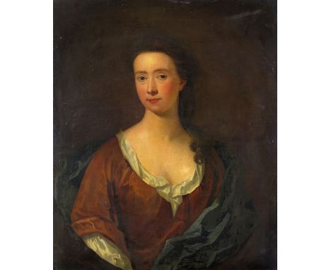 Circle of Enoch Seeman Portrait of a lady of the Prinsep family, head and shoulders, in a red dress Oil on canvas 76 x 63.5cm