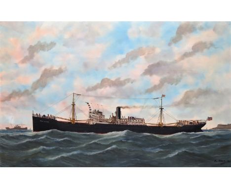 ‡ Marie-Edouard Adam (French 1847-1929) The SS Mount Evans off the coast Signed and dated 1920 Oil on canvas 60 x 92cm; 23½ x