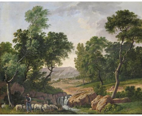 Austrian School 19th Century Shepherd playing the bagpipes in a Continental landscape Oil on canvas 48.5 x 58.5cm; 19 x 23in 