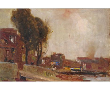 ‡ Richard Jack R.A. (1866-1952) Houses by a slipway Signed and dated 1903; Oil on panel 25 x 35.5cm; 10 x 14in ++A few minor 