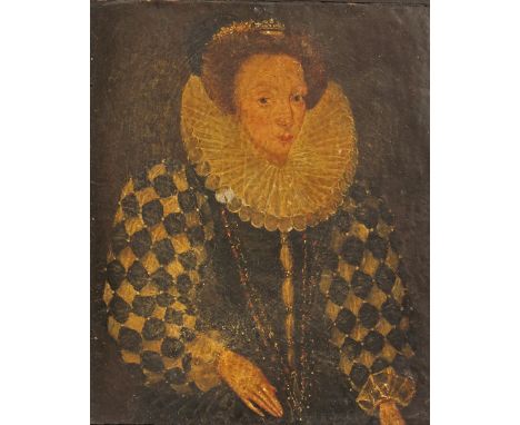 English school 17/18th Century Portrait miniature of Queen Elizabeth I Half length On paper stuck down on board 110 x 90mm 