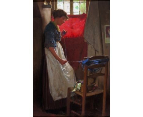 Carlton Alfred Smith (1853-1946) Winding the wool Signed Oil on panel 32 x 30.5cm; 12½ x 8in