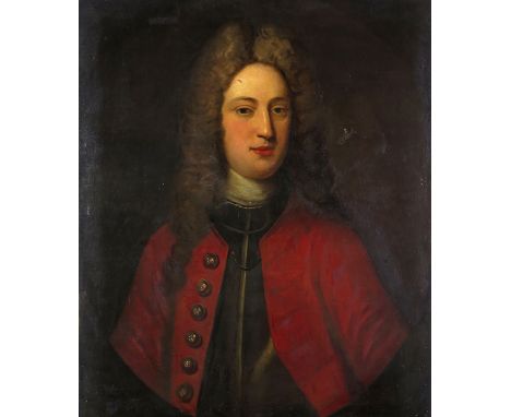 Follower of John Riley Portrait of an officer of the Prinsep family, head and shoulders, in a red shoulder cape Oil on canvas