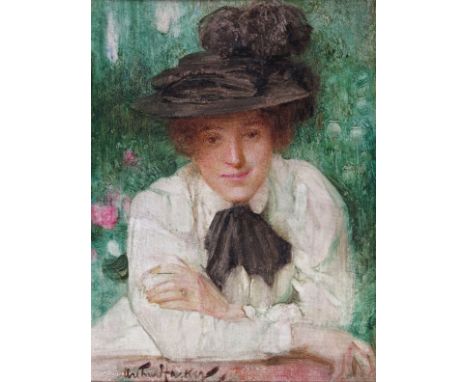 Arthur Hacker R.A. (1858-1919) Portrait of an Edwardian lady Signed Oil on panel 35.5 x 26cm; 14 x 10in ++A little paint sepa