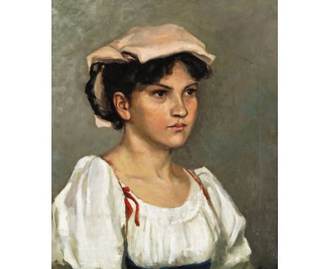 Neapolitan School late 19th Century Portrait of a young lady, bust length, wearing a cap Oil on canvas 43.5 x 37cm; 17 x 14½i