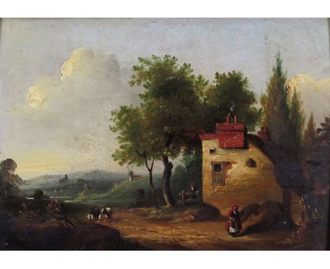 Follower of John Constable R.A. Figure by a cottage in a landscape Bears signature Oil on panel 26 x 35.5cm; 10¼ x 14in ++Pan
