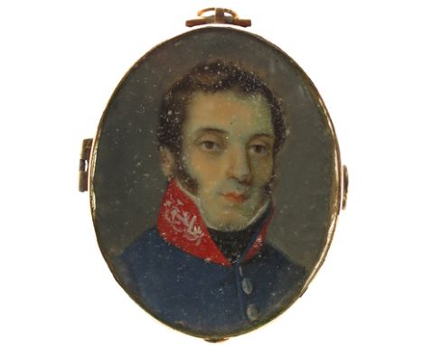 λ Continental School 19th Century Portrait miniature of an officer in blue uniform with red collar Oval, gilt frame, hair bac