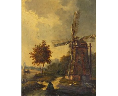 Norwich School 19th Century A windmill by a river Oil on panel 19.5 x 15cm; 7½ x 6in ++Panel very slightly bowed, would be en