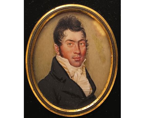 λ English School early 19th Century Portrait miniature of a gentleman, head and shoulders Oval, in an ebonised frame 72 x 55m