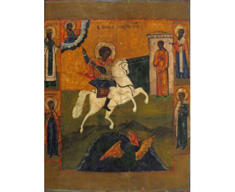 Russian School 19th Century St Michael slaying the dragon Oil on panel 36 x 29cm; 14 x 11½in ++Panel bowed, some slight losse