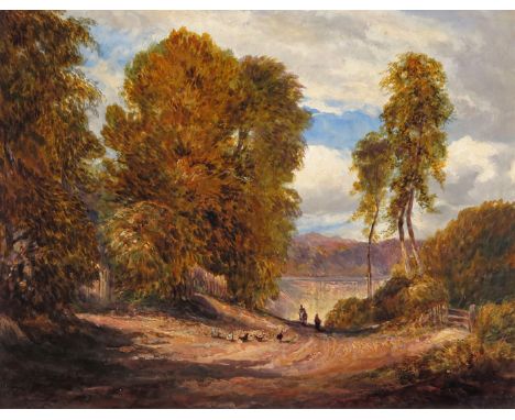 English School 19th Century Lake landscape with travellers and chickens Oil on panel 35 x 45cm; 13¾ x 17¾in ++Good condition 