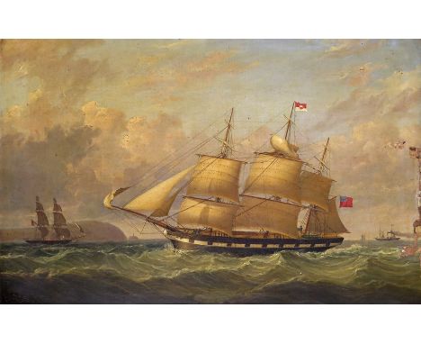 George Mounsey Wheatley Atkinson (1806-1884) A ship in full sail off Anglesey when inbound for Liverpool, with the South Stac