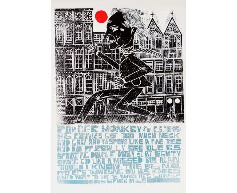 PAUL PETER PIECH three colour linoprint - caricature of a walking R S Thomas with typography by Welsh author Christopher Mill