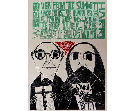 PAUL PETER PIECH limited edition (20/25) three colour linocut - caricature of the print-maker with poet Harri Webb and a typo