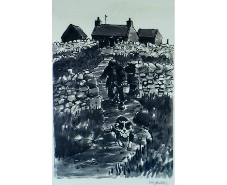 SIR KYFFIN WILLIAMS RA colourwash print - Caernarfonshire cottage with farmer and his dog descending a pathway, signed in ful