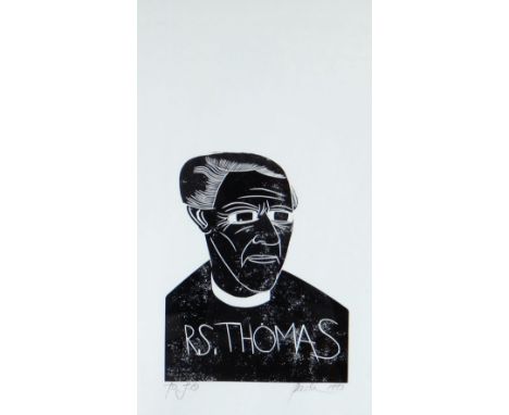 PAUL PETER PIECH monochrome typographic linocut - portrait of R S Thomas and dedicated 'to Jo', signed and dated 1993, 60 x 3