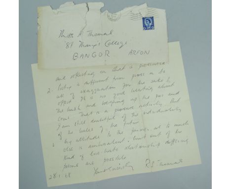 A HANDWRITTEN LETTER BY THE POET R S THOMAS to the vendor in 1968, being a personal letter relating to the poet's opinions an