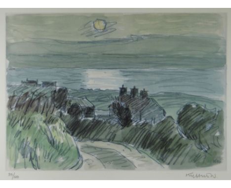 SIR KYFFIN WILLIAMS RA limited edition (33/100) print - view across road and cottages towards the estuary at sunset, signed f