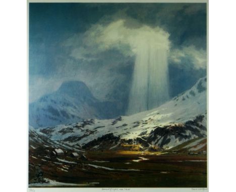 DAVID WOODFORD limited edition coloured (650/750) print - light streaming down through clouds onto snowy mountainside, entitl