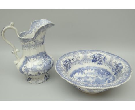 A SOUTH WALES POTTERY 'PANORAMA' TRANSFER JUG &amp; BASIN decorated with figures in Grand Tour type scenes, 29cms high