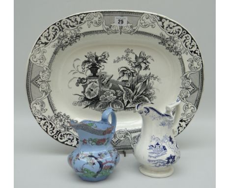 A LLANELLY POTTERY BLACK TRANSFER PLATTER 'EASTERN' PATTERN, 46cms together with a Llanelly 'Amethyst Japan' jug and a Swanse