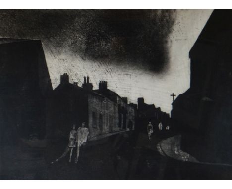 GEORGE CHAPMAN limited edition (2/100) print - South Wales valley scene with figures in a street, from the Valleys Series, si