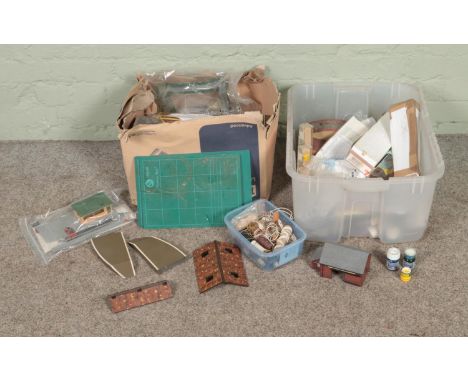 Two boxes of model railway buildings, scenery and diorama supplies to include Tri-Ang, Hornby, Rail Match, etc.  