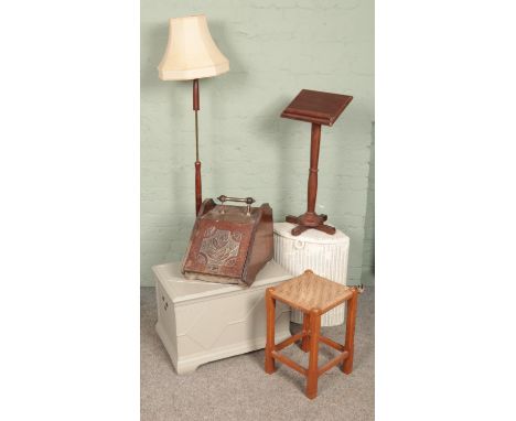 A small quantity of furniture. Includes small mahogany lectern, standard lamp, blanket box, etc.  