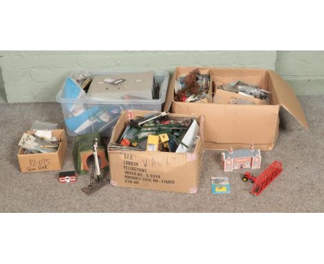 Three boxes of assorted model railway scenery, buildings and diorama supplies to include Hornby, miniature figures, foliage, 