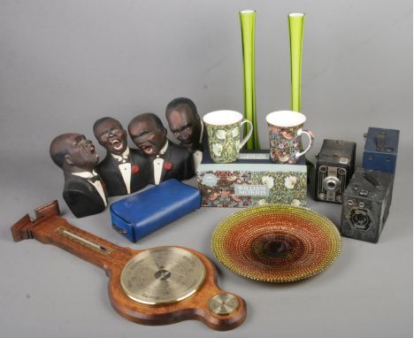 An assorted mix of collectable items including two glass vases, carnival glass plate, boxed William Morris mugs, barometer, m