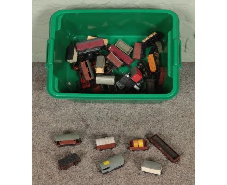 A box of Hornby Dublo OO Gauge tinplate model railway. To include several wagon examples.  
