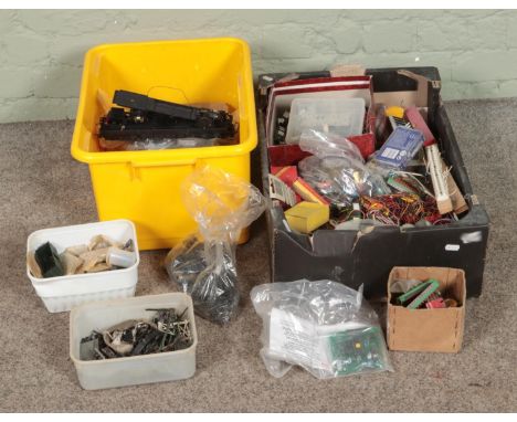 Two boxes of assorted model railway spares and repairs to include wheels, electrics, turnout switches, chassis', etc.  