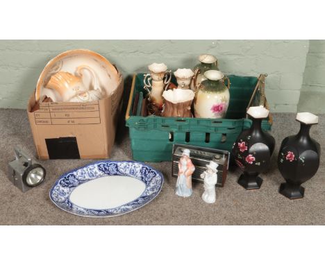 Two boxes of mostly ceramics. Includes Victorian vases, Roberts radios, blue &amp; white meat plate Bardic Ltd railway lamp, 