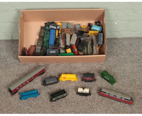 A box of model railway, mostly OO Gauge, rolling stock to include Bachmann, Tri-Ang, Hornby, etc.  