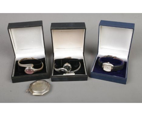A ladies Alfex wristwatch together with two Softech wristwatches and a small silver plate compact.  