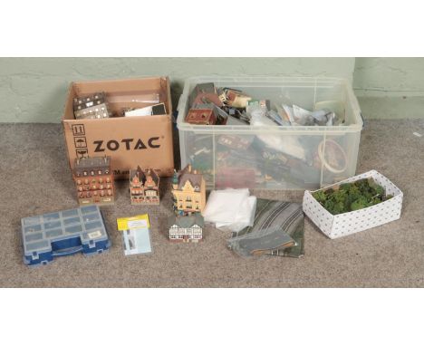 Two boxes of assorted model railway scenery, buildings and diorama supplies. Includes foliage, layout mats, Vollmer kit built