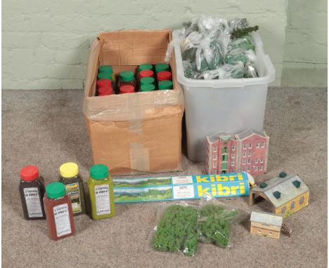Two boxes of model railway scenery and diorama building supplies to include several tubs of Flock &amp; Turf, foliage, backgr