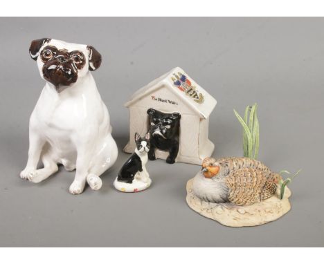 A collection of ceramics including a J Wilkinson figure of a pug, Miranda Smith dog, Carlton China bulldog in kennel "The Bla