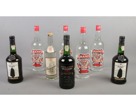 Eight bottles of sealed alcohol; port and vodka. To include Grant's, Sandeman and Cockburn's. Grant's Vodka all one litre, po