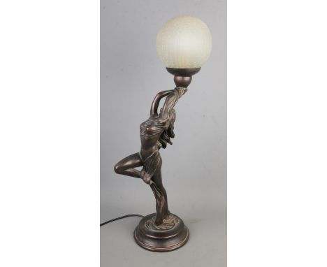 A Art Deco style Widdop Bingham lamp in the form of a posing lady with crackle glass shade  