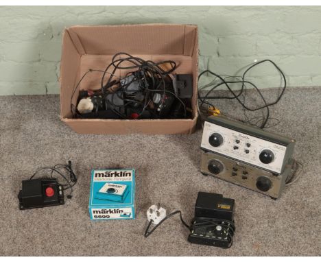 A box of model railway power supply units to include two H&amp;M Duette's, Marklin, Graham Farish, etc.  