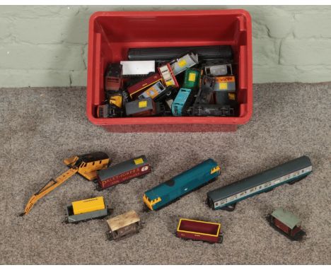 A box of assorted Hornby model railway rolling stock to include crane, wagons, tankers, carriages, etc.  